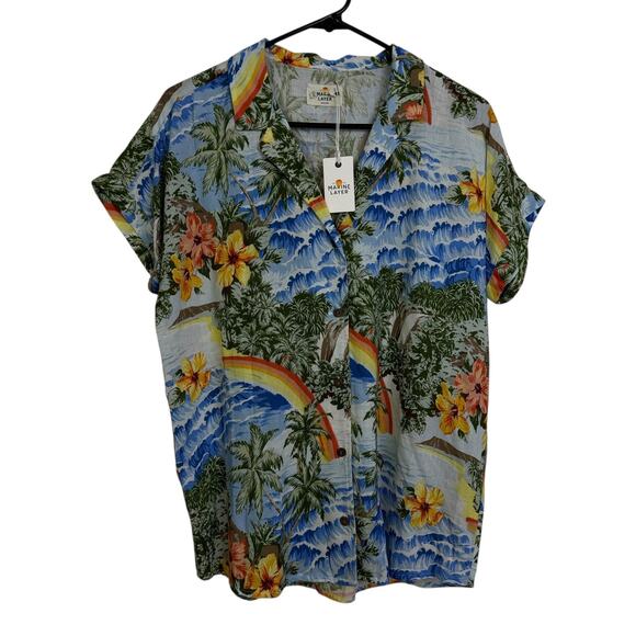 Marine Layer Hawaiian Shirt Womens Medium Malia Button Camp Rainbow Beach NWT - Picture 1 of 12